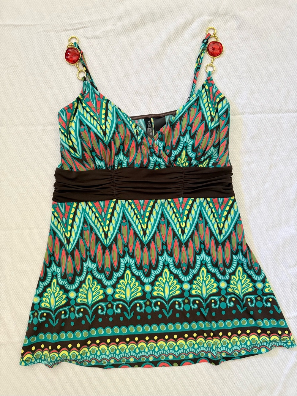 Bisou Bisou Multicolor Teal Coral & Brown Printed Swim Top